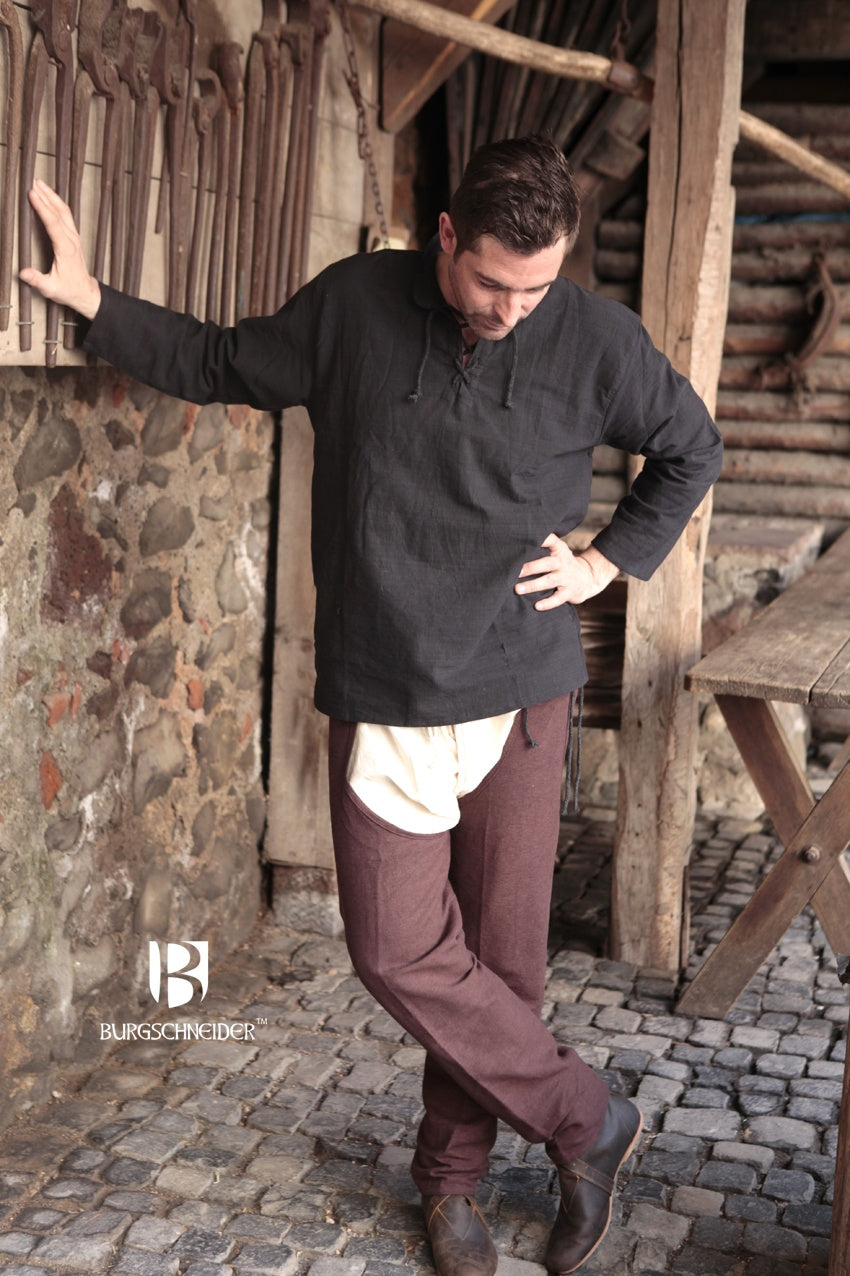 Medieval Shirt Tristan Black featuring a stand-up collar and lacing, made from 100% coarse cotton with straight sleeves.