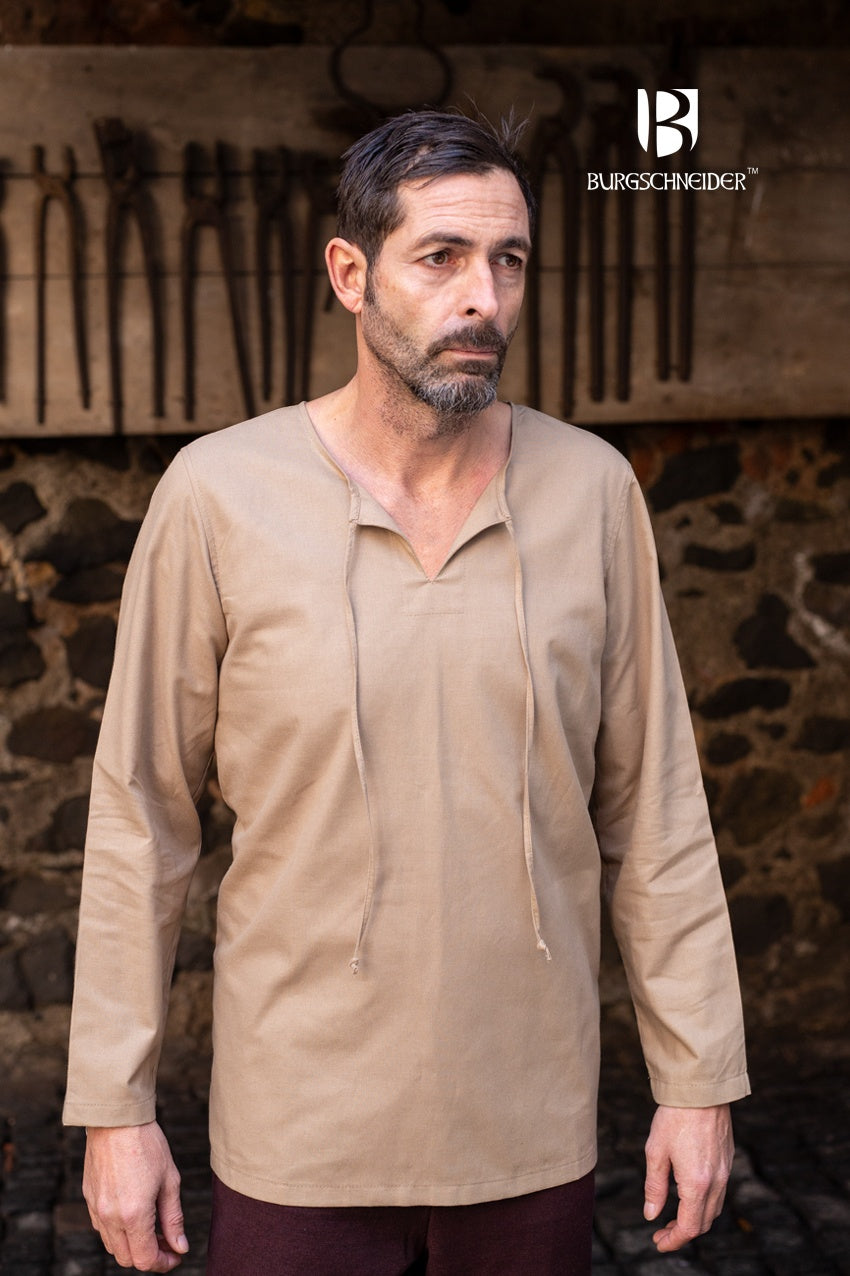 Medieval Shirt Ulrich Hemp made of coarse cotton with lace-up neckline and straight sleeves, perfect for historical reenactments.