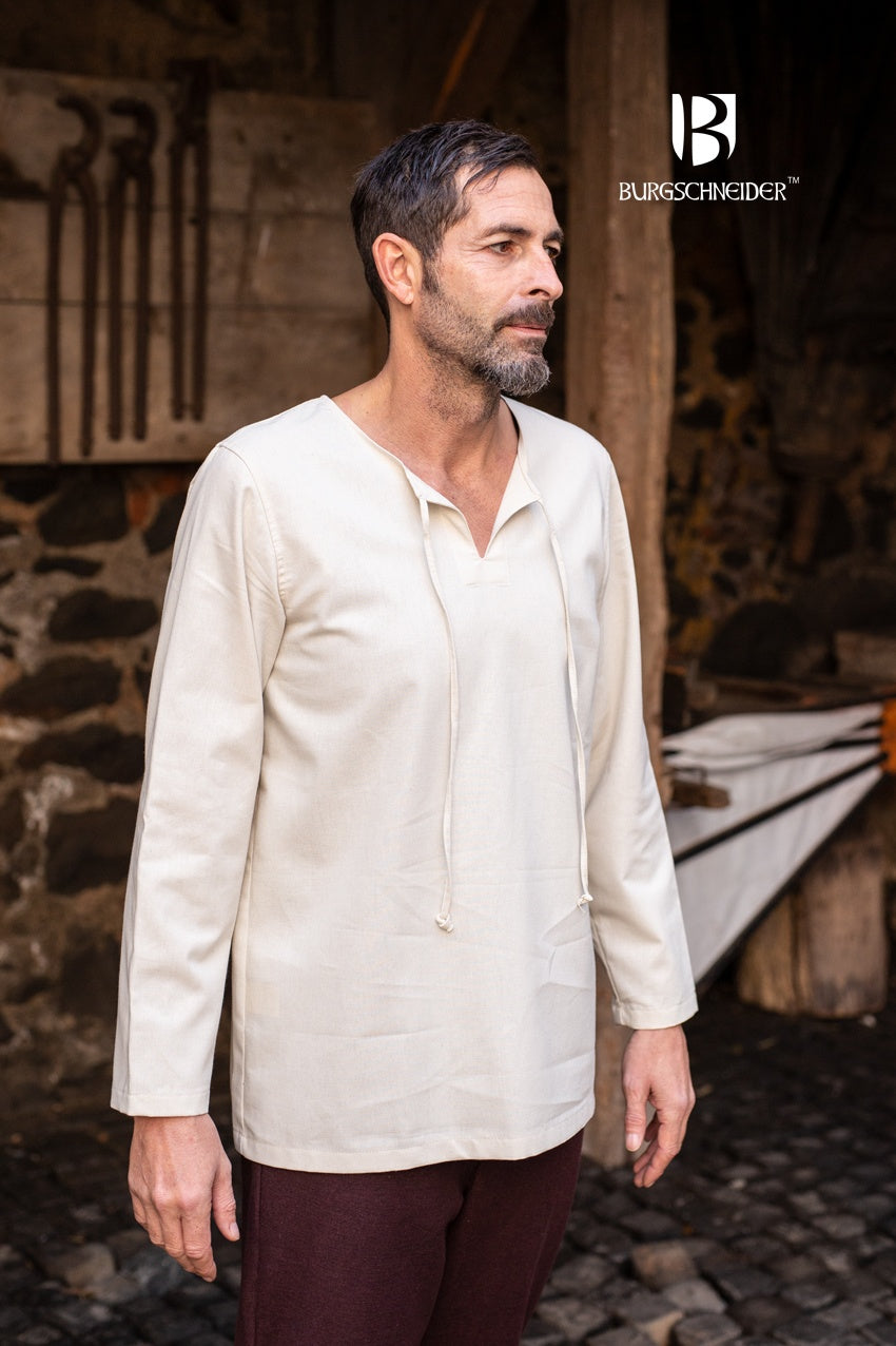 Medieval Shirt Ulrich Natural made of 100% coarse cotton with lace-up neckline and straight sleeves, perfect for historical reenactments.