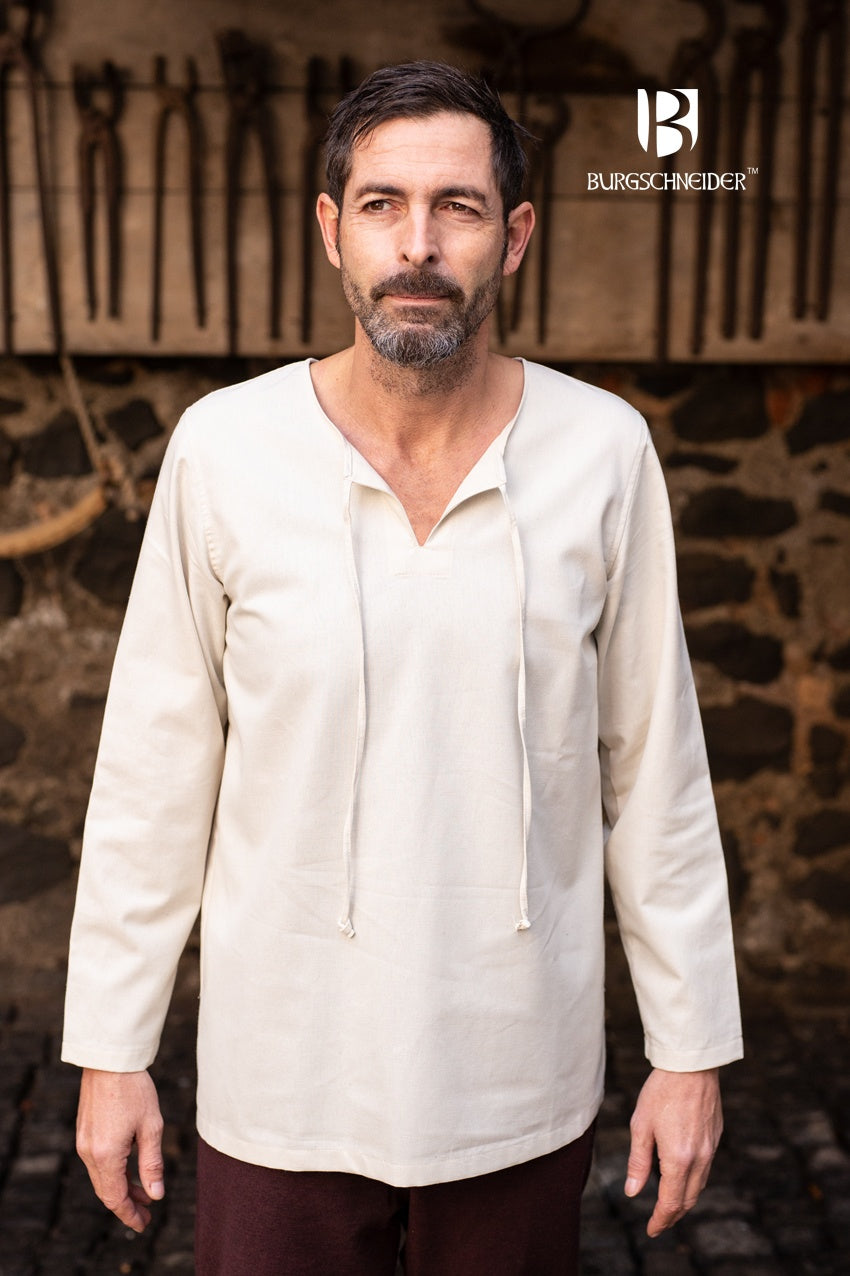 Medieval Shirt Ulrich Natural made of 100% coarse cotton with lace-up neckline and straight sleeves, perfect for historical reenactments.