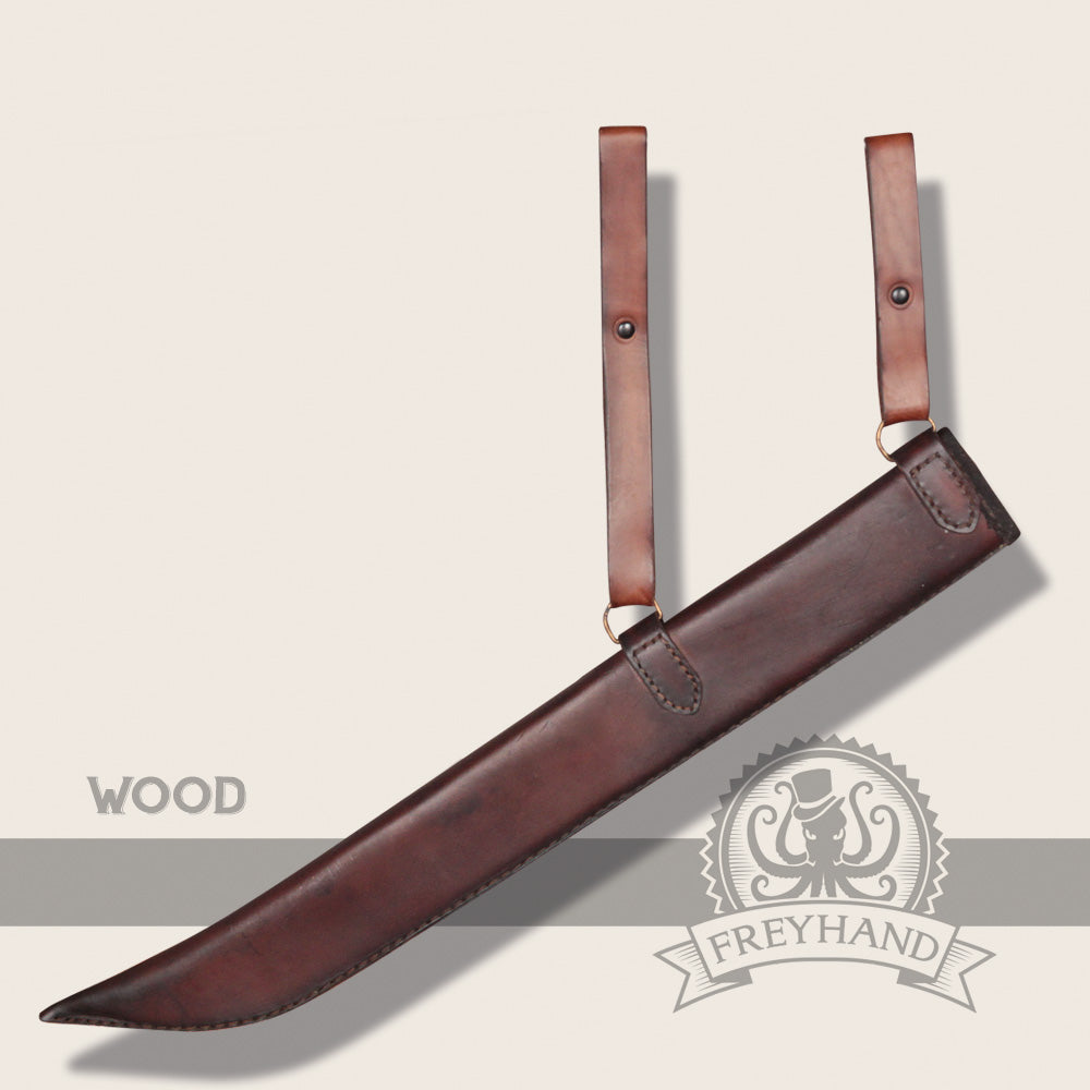 Short Scabbard Melia Brown made from vegetable tanned leather, featuring a sturdy design with fabric lining and brass rings.