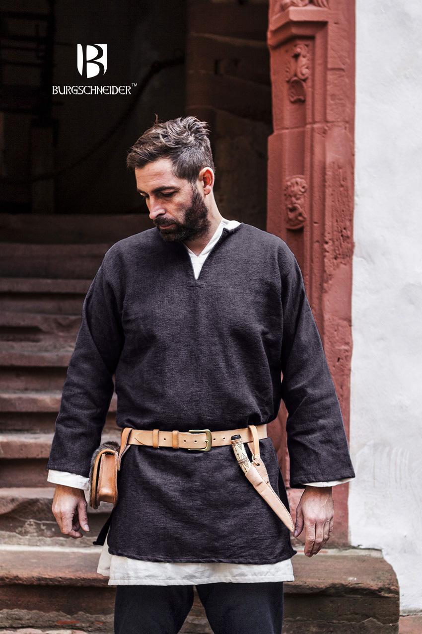 Short Tunic Erik Grey made from heavy, coarsely woven fabric, featuring a slit neckline and belted design, perfect for medieval enthusiasts.