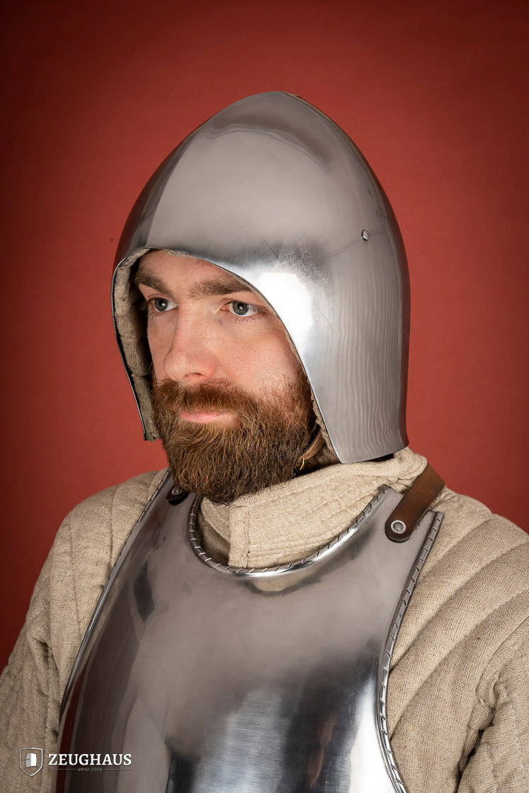 Simple Bascinet Helmet made of 2mm polished steel with leather chin strap, designed for historical reenactments.