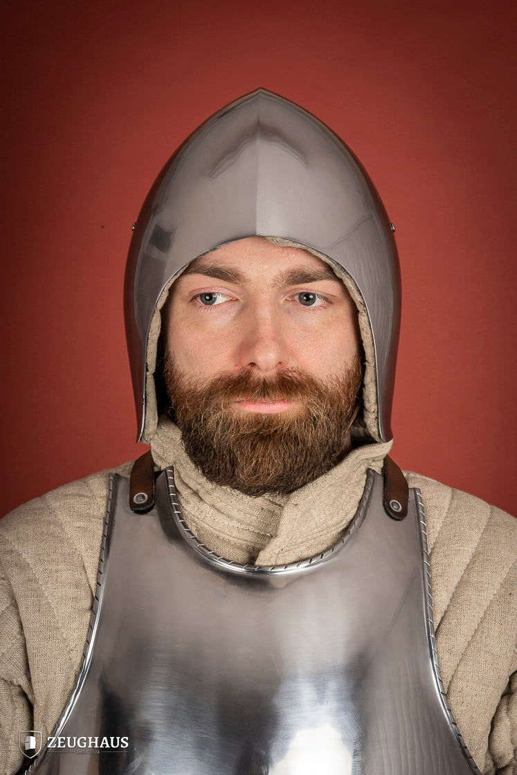 Simple Bascinet Helmet made of 2mm polished steel with leather chin strap, designed for historical reenactments.