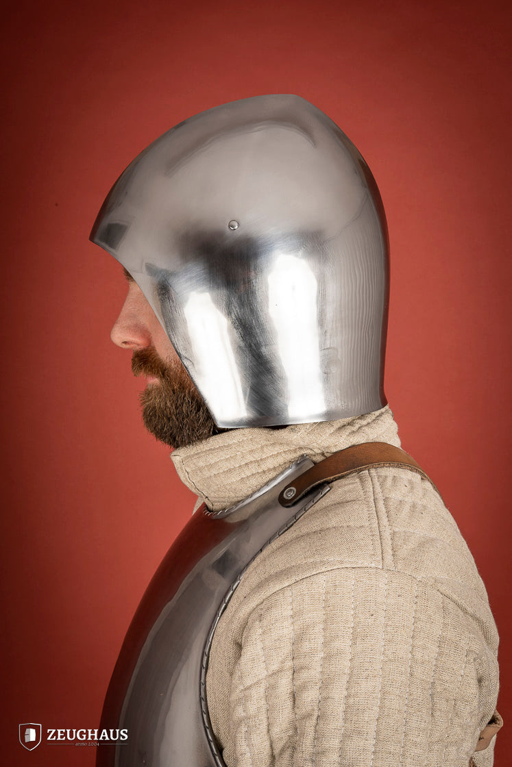 Simple Bascinet Helmet made of 2mm polished steel with leather chin strap, designed for historical reenactments.