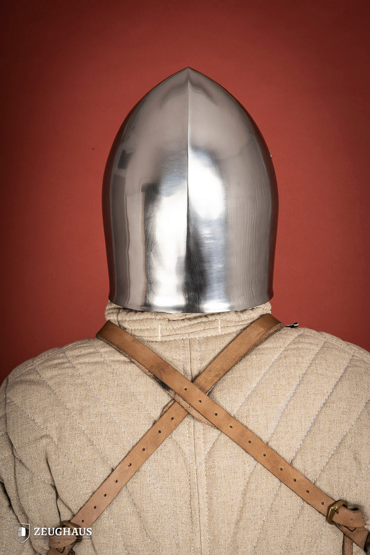 Simple Bascinet Helmet made of 2mm polished steel with leather chin strap, designed for historical reenactments.