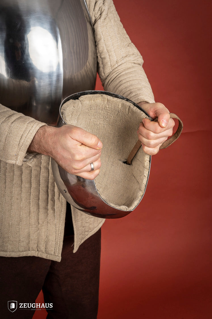 Simple Bascinet Helmet made of 2mm polished steel with leather chin strap, designed for historical reenactments.