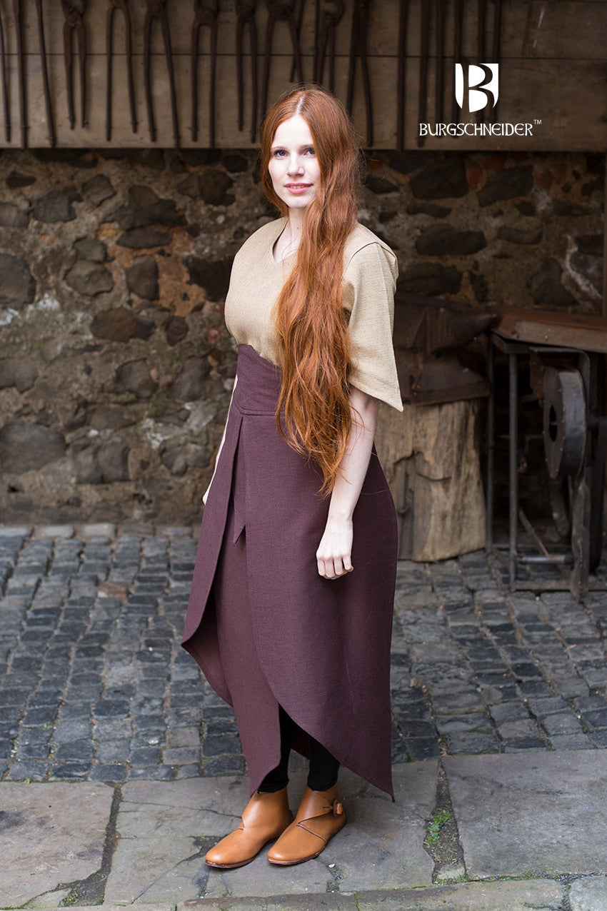 Tharya Brown Skirt featuring overlapping fabric panels and a drawstring closure, suitable for various roles and customizable with embellishments.