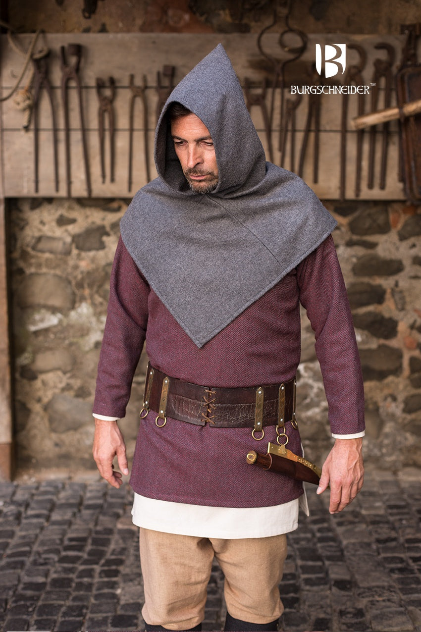 Skjoldehamn Cowl in Bjorn Grey, showcasing its unique square shape and wide brim design, an ancient headgear from the 11th century.