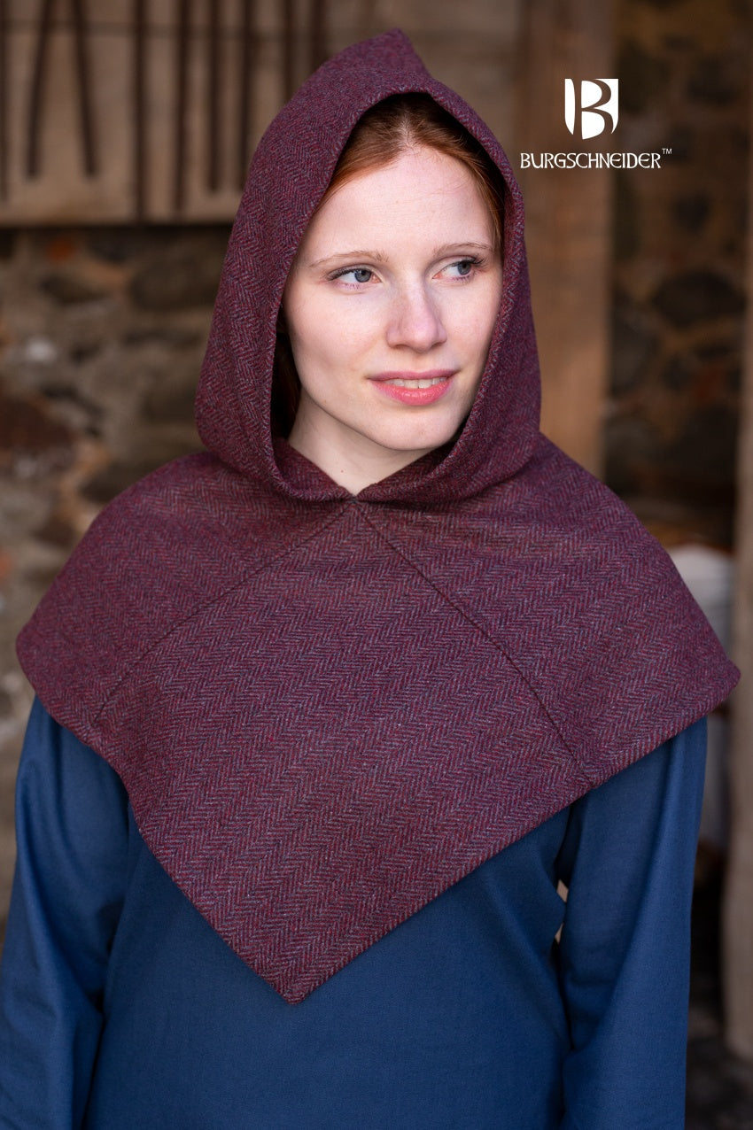 Skjoldehamn Cowl in burgundy and grey herringbone pattern, showcasing its unique square shape and wide brim.