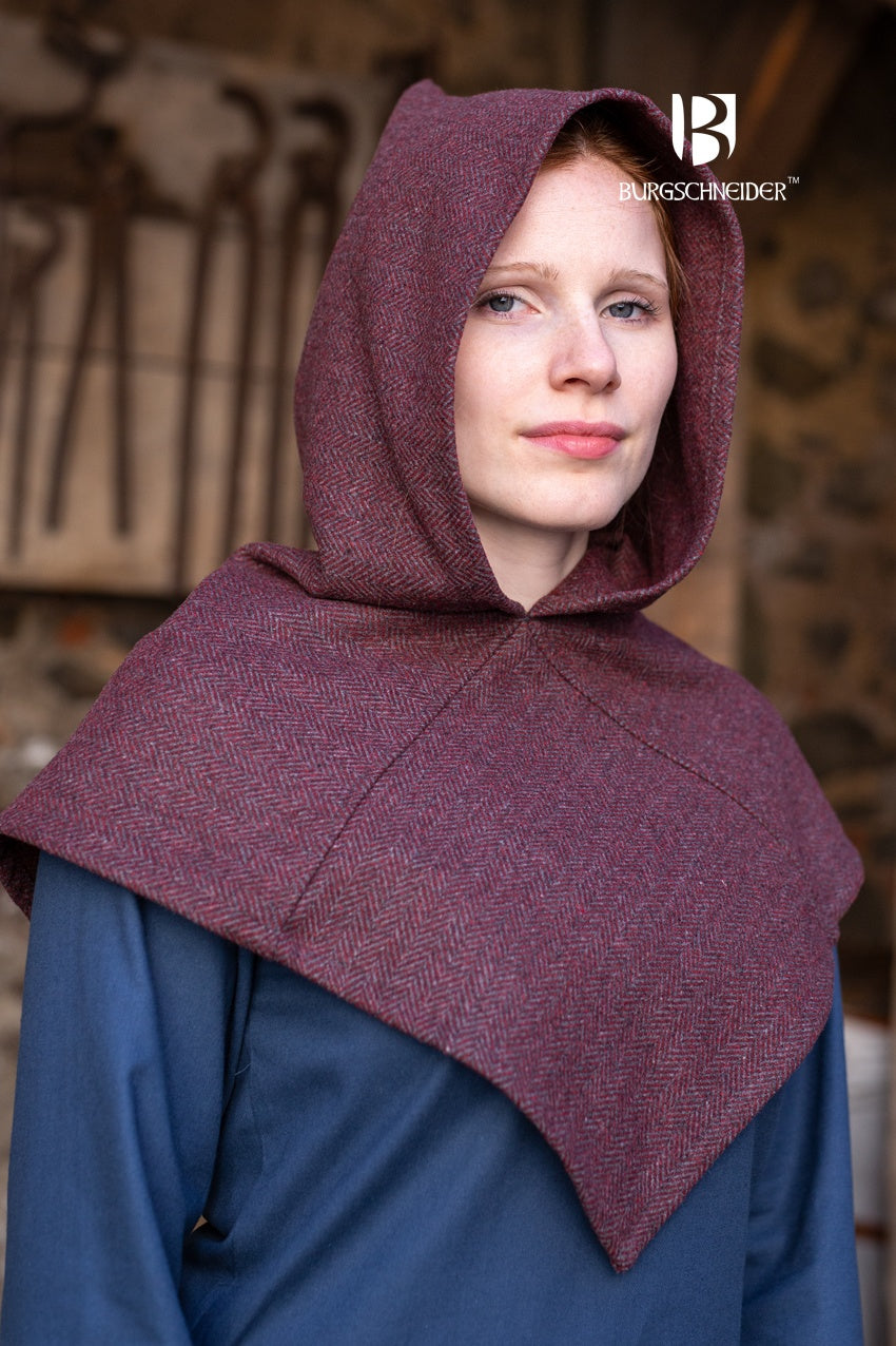 Skjoldehamn Cowl in burgundy and grey herringbone pattern, showcasing its unique square shape and wide brim.