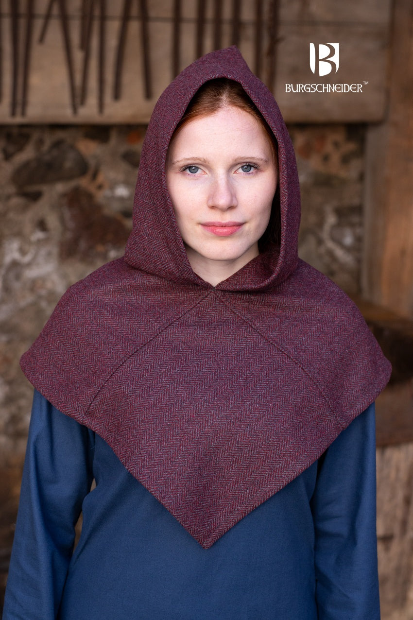 Skjoldehamn Cowl in burgundy and grey herringbone pattern, showcasing its unique square shape and wide brim.