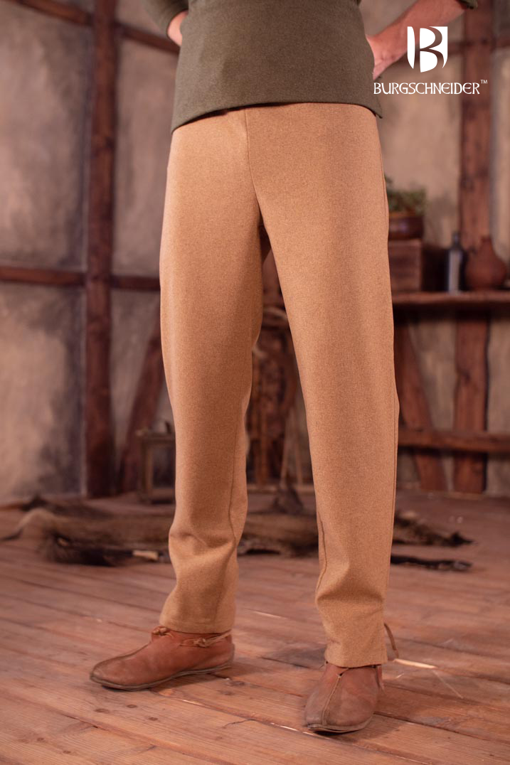 Magnus Skjoldehamn Pants in Camel, featuring a wool blend fabric, slits at cuffs, and a drawstring waistband for a comfortable fit.