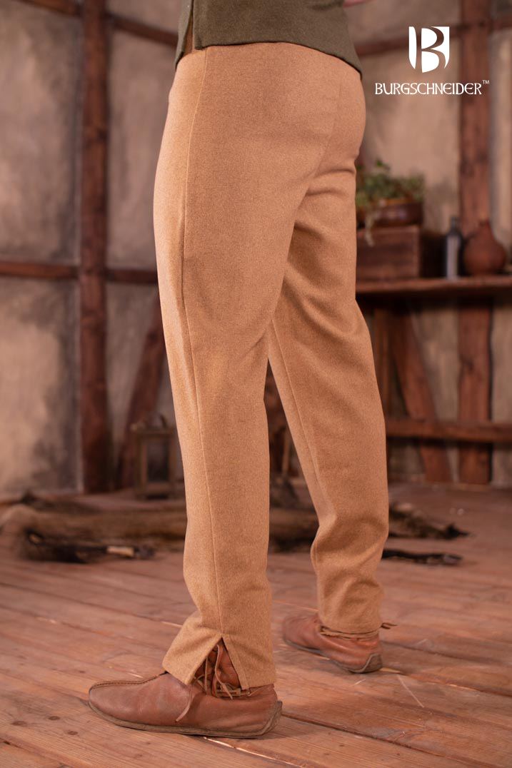 Magnus Skjoldehamn Pants in Camel, featuring a wool blend fabric, slits at cuffs, and a drawstring waistband for a comfortable fit.
