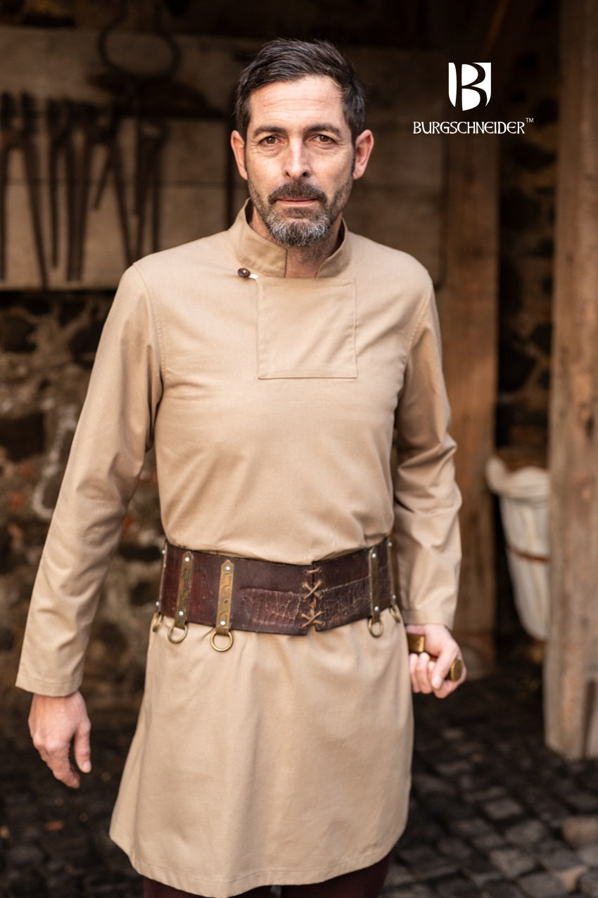 Skjoldehamn Tunic Einarr Hemp in black, featuring long sleeves and a buttoned collar, perfect for Norse reenactments and medieval events.