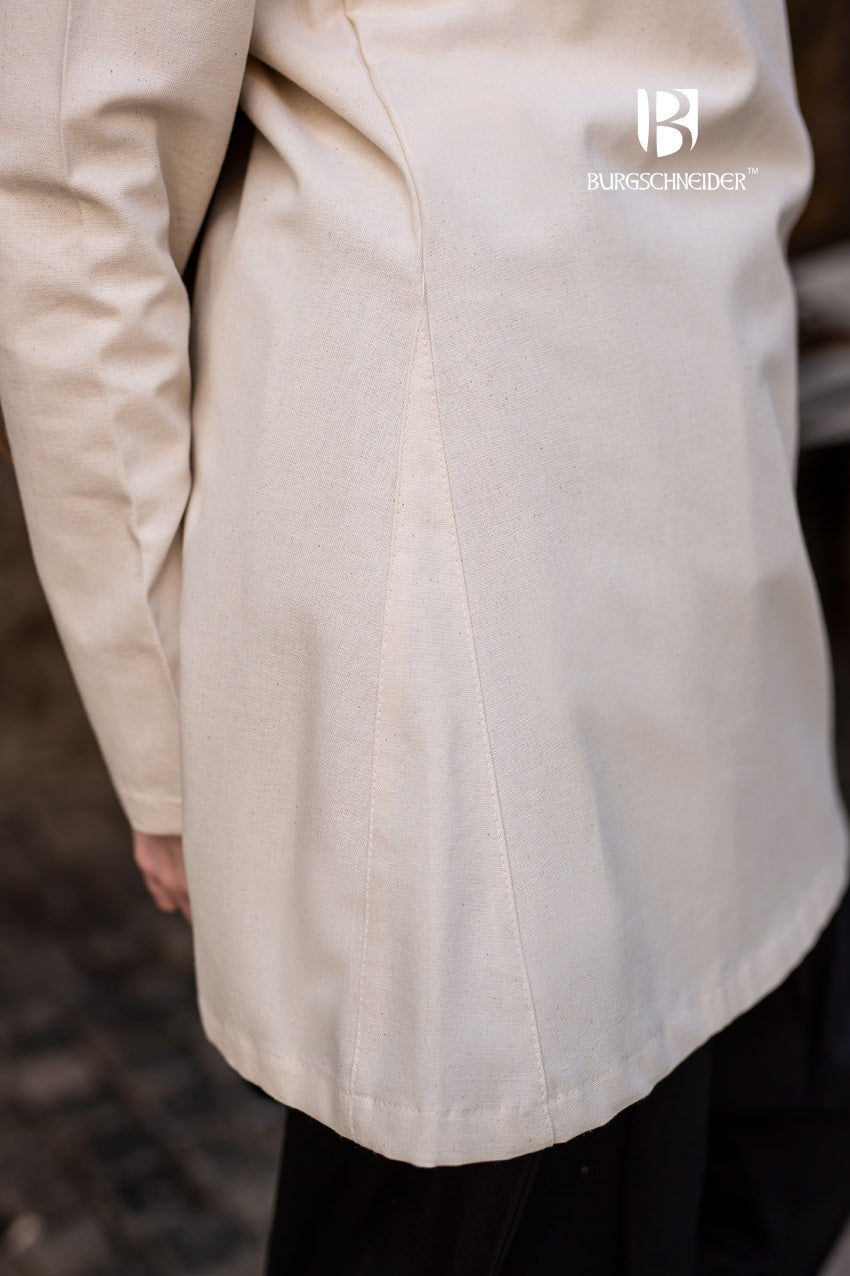 Skjoldehamn Tunic Lennja Natural, a long-sleeved cotton tunic with a buttoned collar, ideal for Norse reenactments and LARP events.