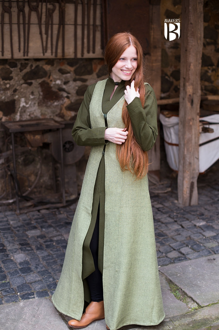 Sleeveless Coat Maiva in Linden Green, featuring a V-neck, feminine waist, and flowing design, perfect for medieval-themed events.