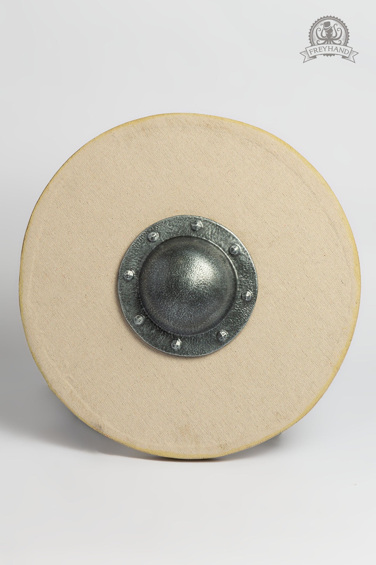 A Small Shield Blank Round made of foam and canvas, featuring a rugged texture, perfect for customization with paint and designs.