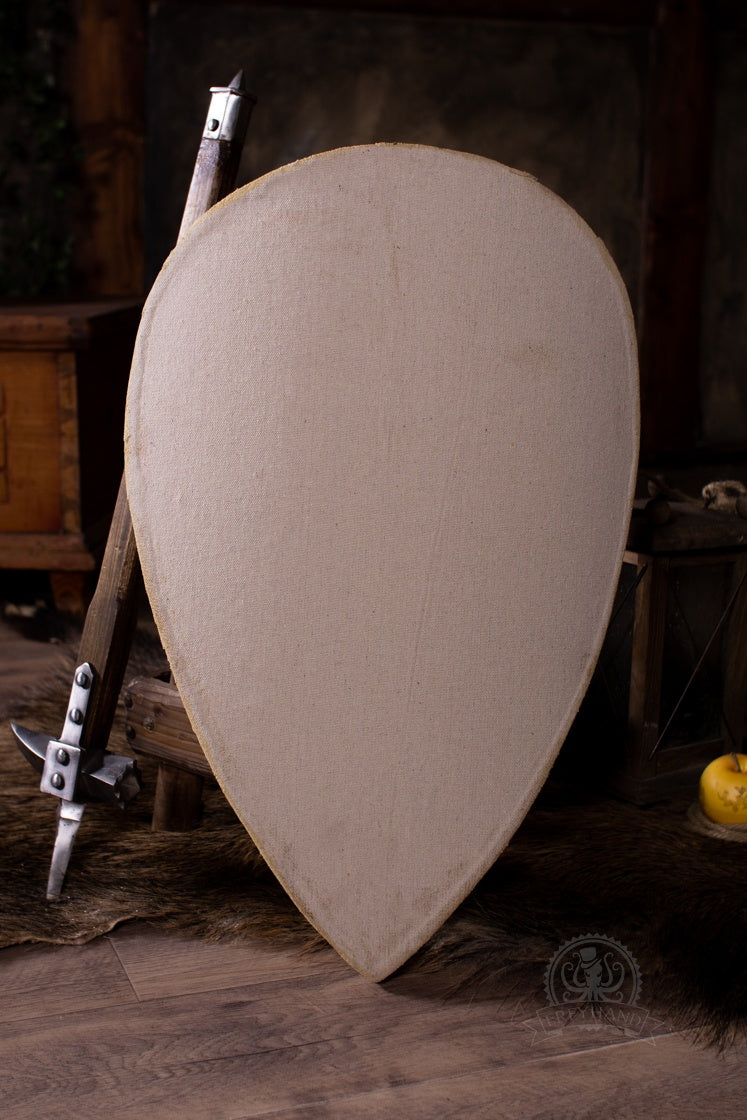 Small Shield Blank Teardrop made of foam and canvas, featuring a rugged texture and teardrop shape, ideal for customization.