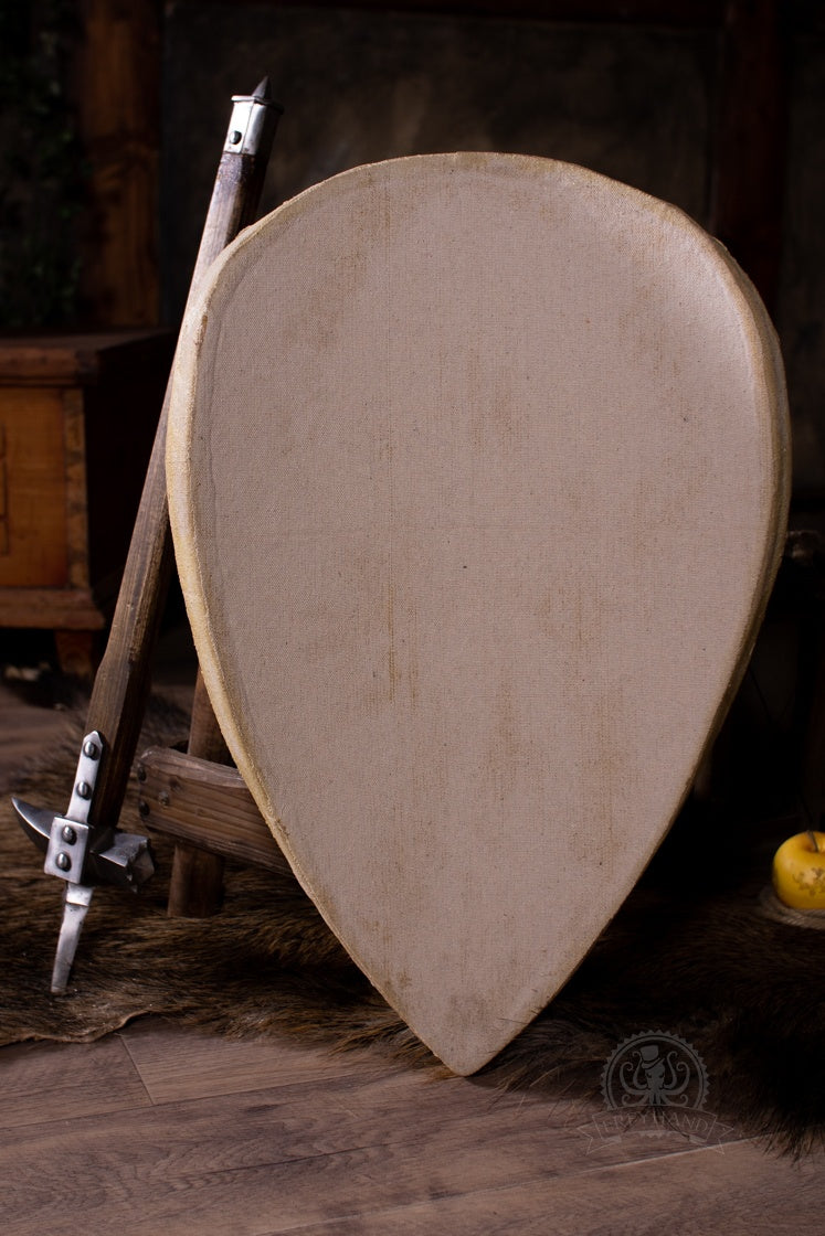 Small Shield Blank Teardrop made of foam and canvas, featuring a rugged texture and teardrop shape, ideal for customization.