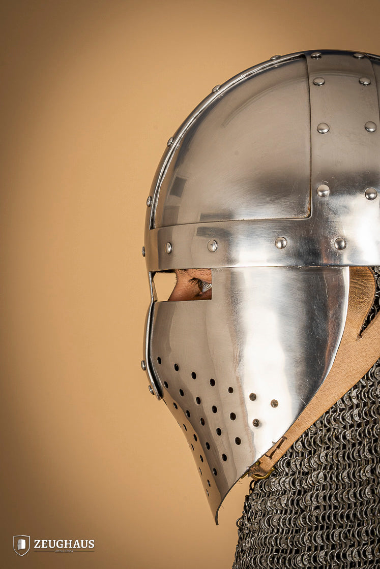 Spangenhelm with Facial 2mm Polished, featuring a polished steel visor, breathable design, and leather chin strap, ideal for historical reenactments.
