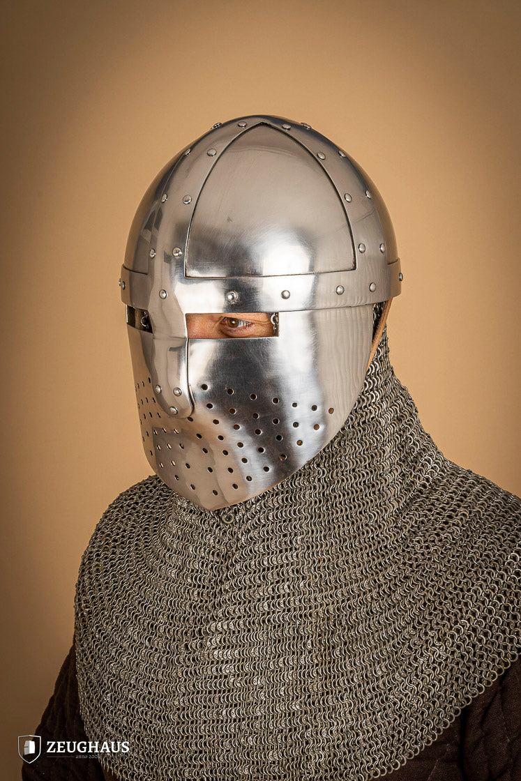 Spangenhelm with Facial 2mm Polished, featuring a polished steel visor, breathable design, and leather chin strap, ideal for historical reenactments.
