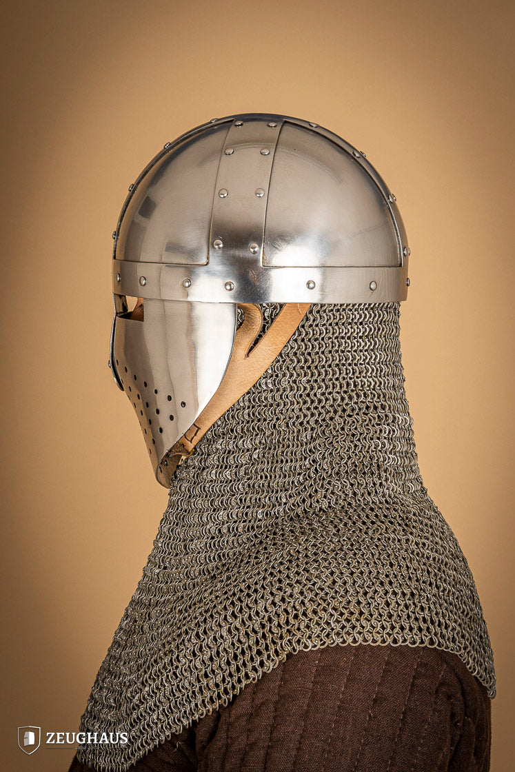 Spangenhelm with Facial 2mm Polished, featuring a polished steel visor, breathable design, and leather chin strap, ideal for historical reenactments.