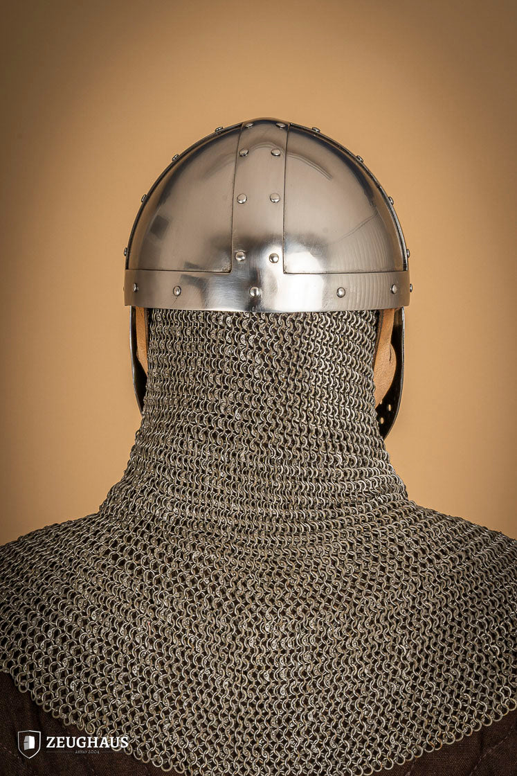 Spangenhelm with Facial 2mm Polished, featuring a polished steel visor, breathable design, and leather chin strap, ideal for historical reenactments.