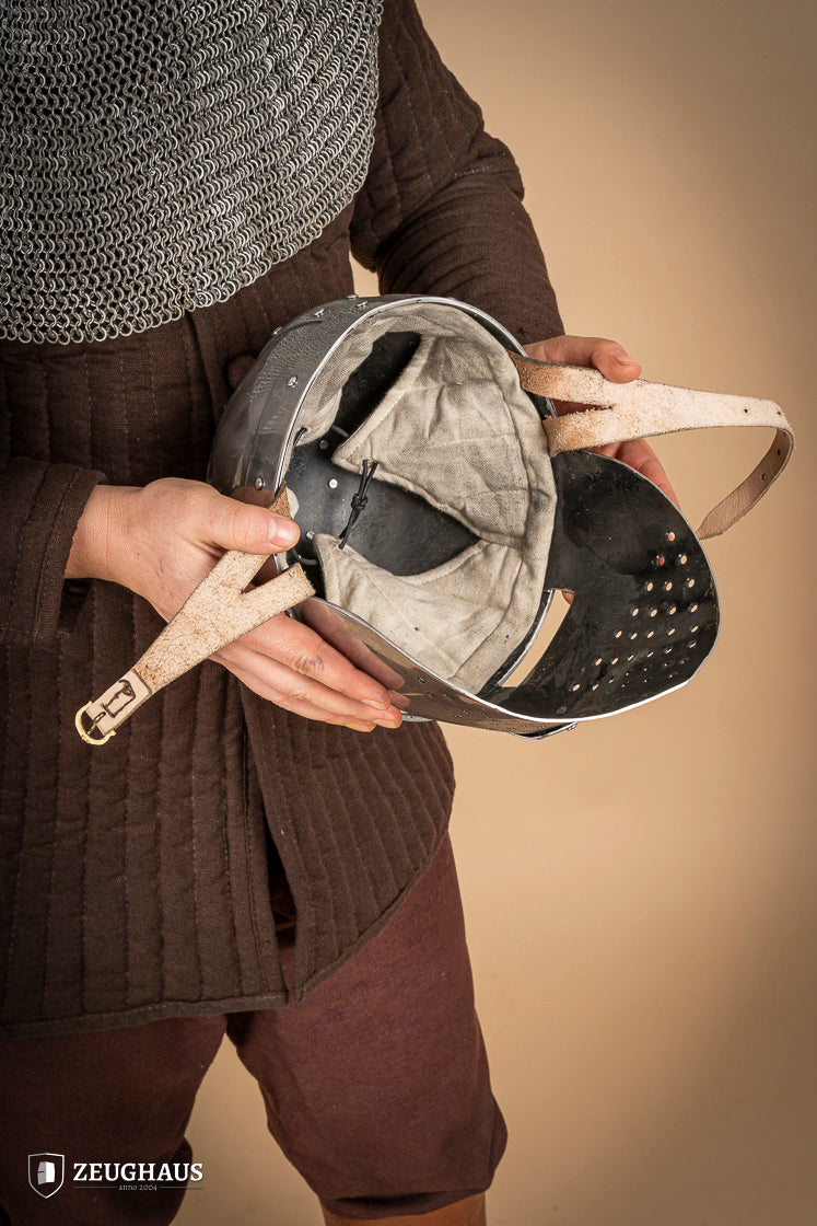 Spangenhelm with Facial 2mm Polished, featuring a polished steel visor, breathable design, and leather chin strap, ideal for historical reenactments.