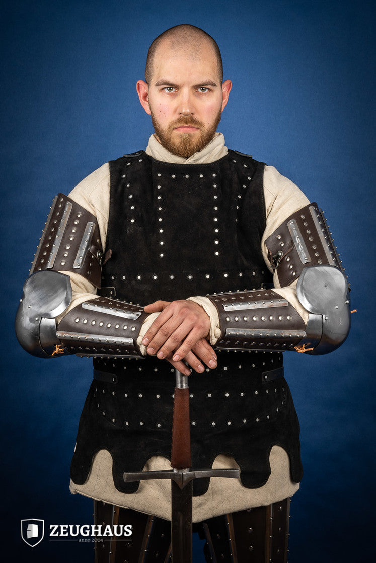 Splinted Arm Armour Brown made of dark brown leather with riveted steel plates, featuring vambrace, couter, and rerebrace components.