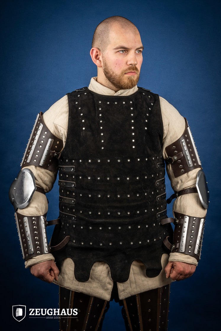 Splinted Arm Armour Brown made of dark brown leather with riveted steel plates, featuring vambrace, couter, and rerebrace components.