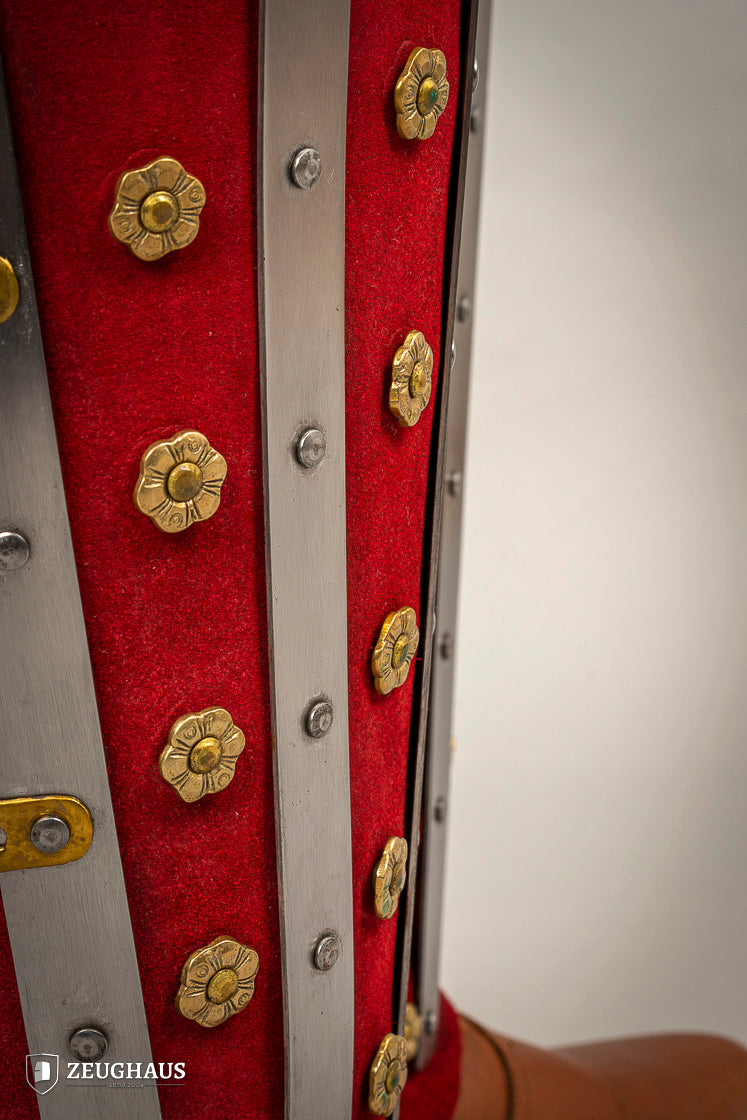 Splinted Suede Leather Greaves Red featuring a three-piece design with riveted metal bands and high-quality split leather.