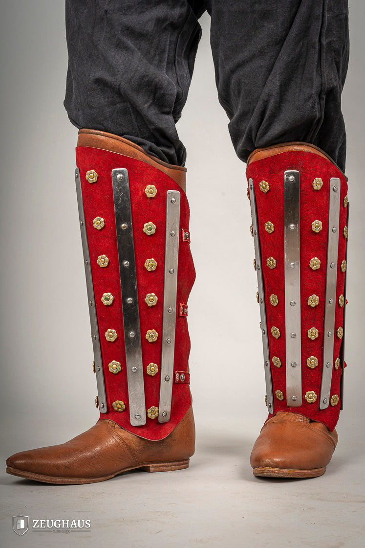 Splinted Suede Leather Greaves Red featuring a three-piece design with riveted metal bands and high-quality split leather.