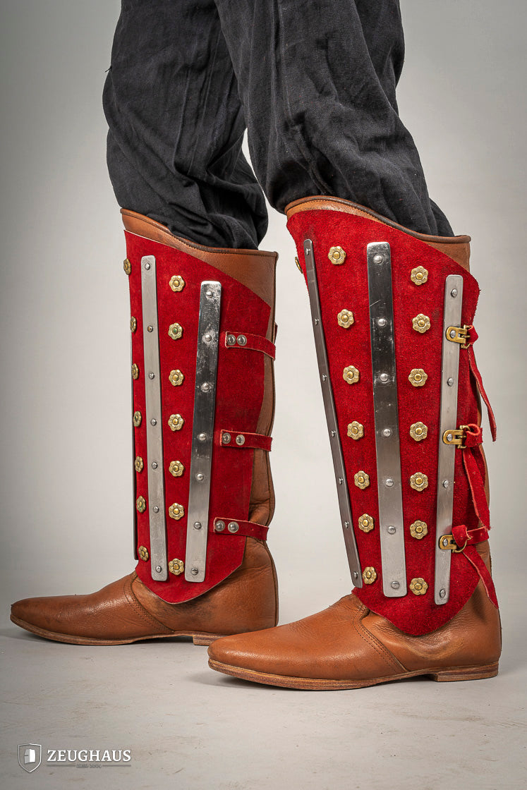 Splinted Suede Leather Greaves Red featuring a three-piece design with riveted metal bands and high-quality split leather.