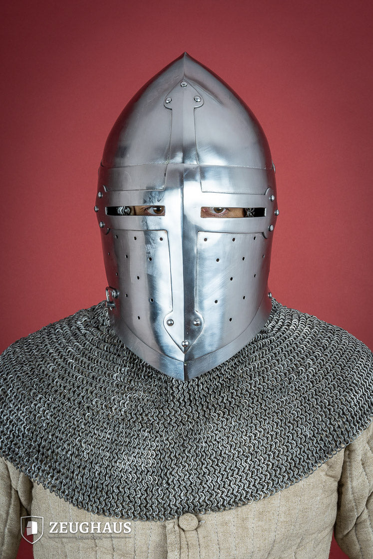 Sugar Loaf Helmet with adjustable visor, featuring a polished finish and a striking cross design, ideal for reenactments and LARP.
