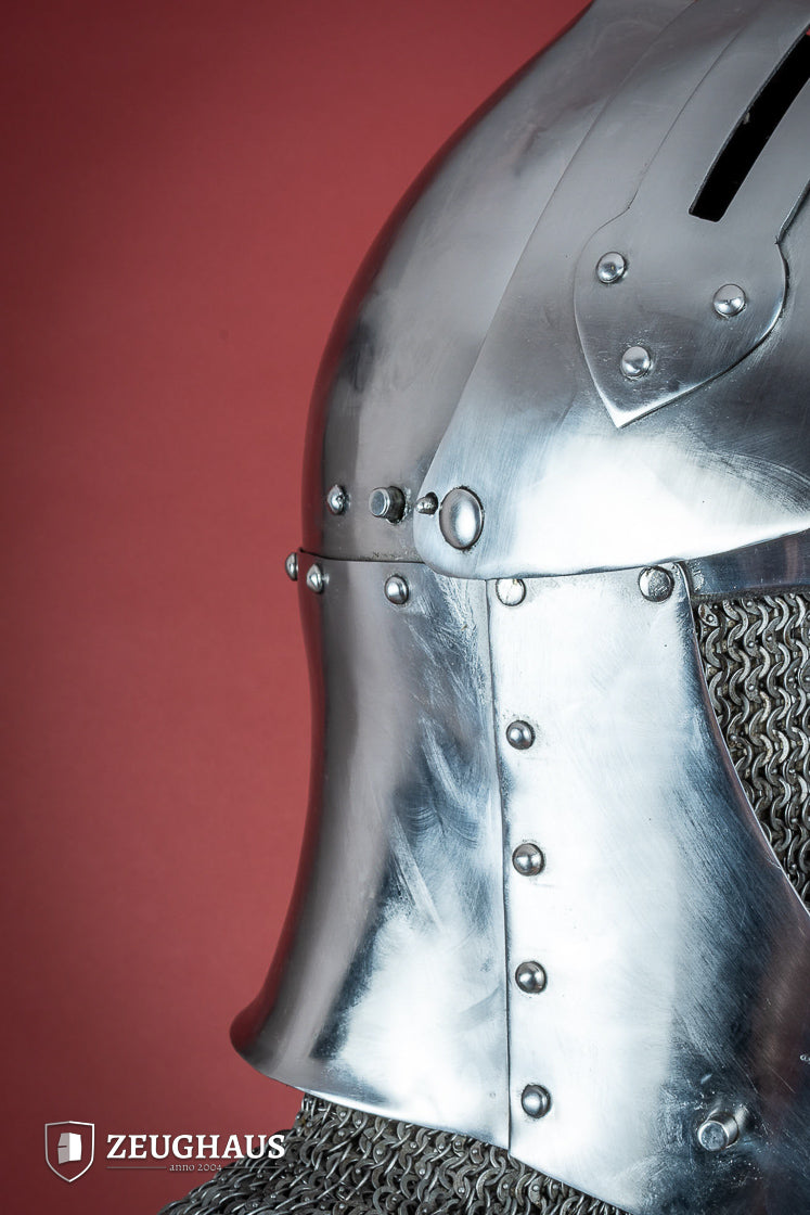 Sugar Loaf Helmet with adjustable visor, featuring a polished finish and a striking cross design, ideal for reenactments and LARP.