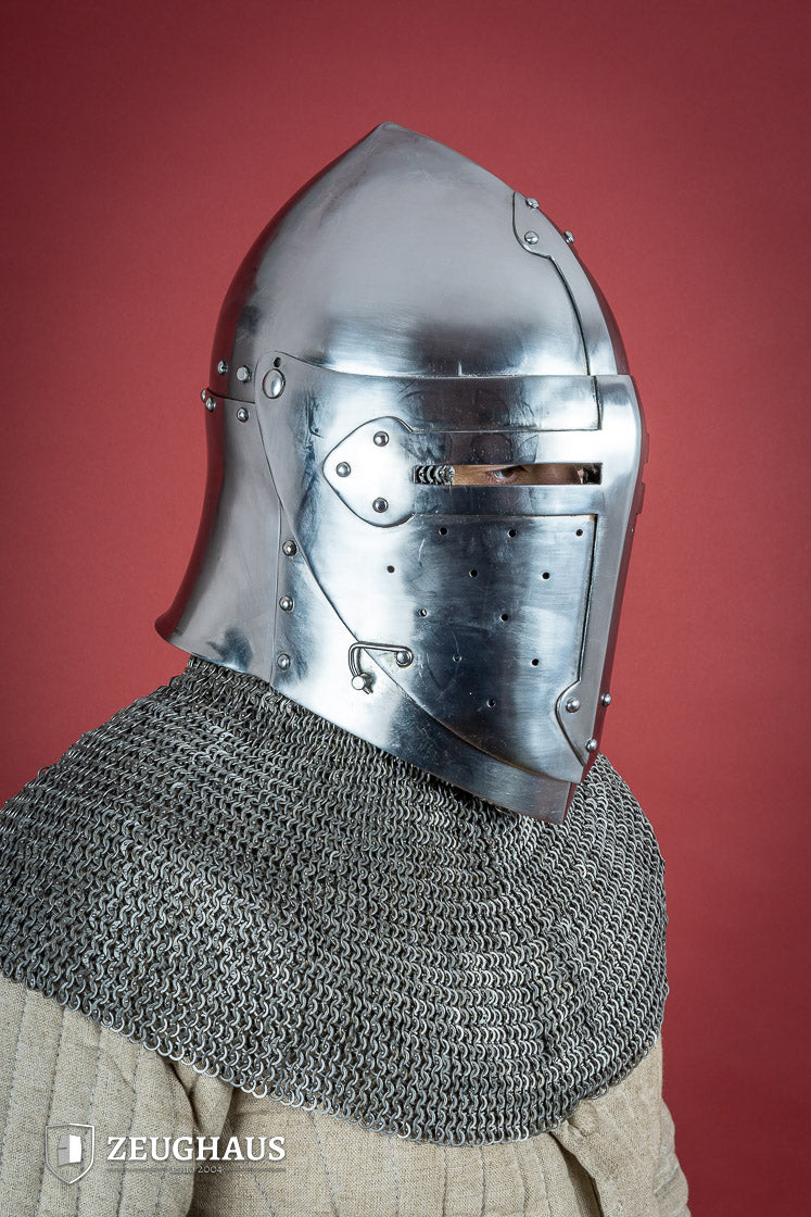 Sugar Loaf Helmet with adjustable visor, featuring a polished finish and a striking cross design, ideal for reenactments and LARP.