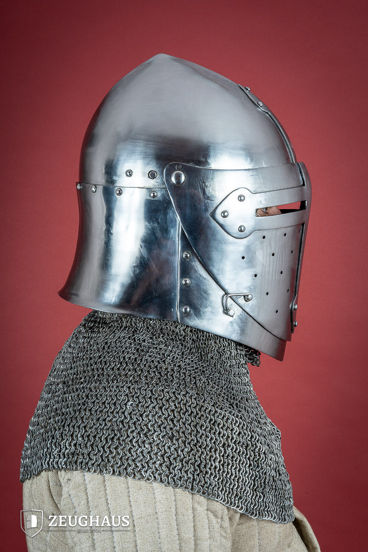 Sugar Loaf Helmet with adjustable visor, featuring a polished finish and a striking cross design, ideal for reenactments and LARP.