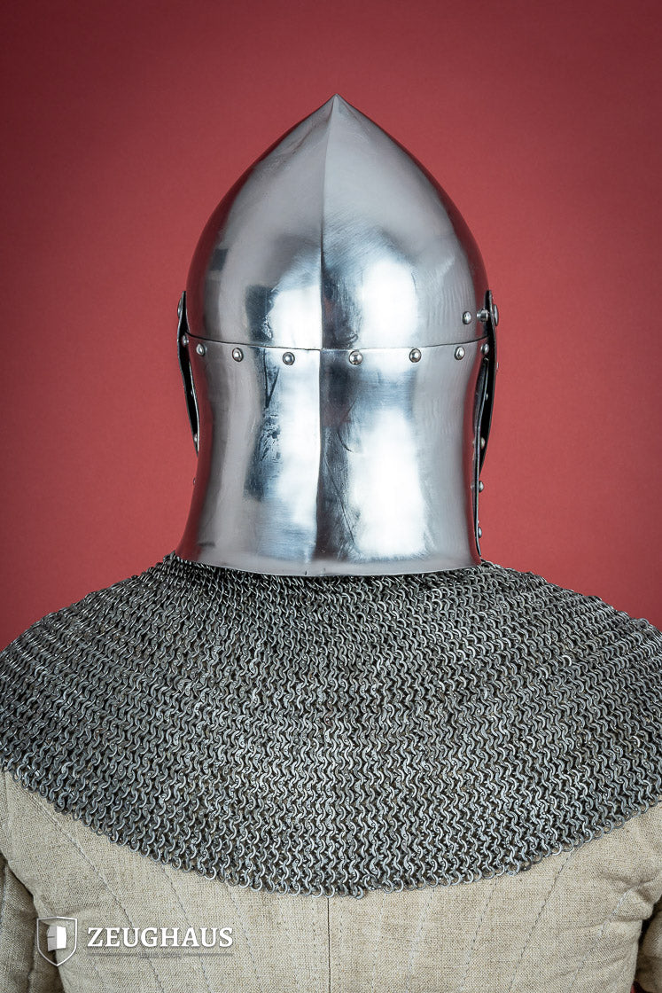 Sugar Loaf Helmet with adjustable visor, featuring a polished finish and a striking cross design, ideal for reenactments and LARP.