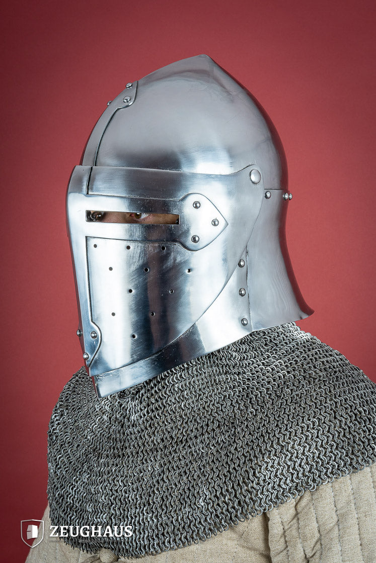 Sugar Loaf Helmet with adjustable visor, featuring a polished finish and a striking cross design, ideal for reenactments and LARP.