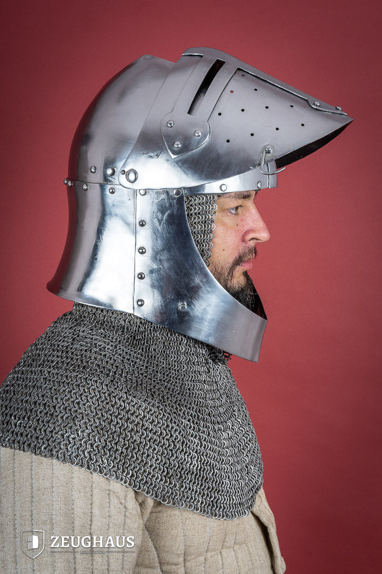 Sugar Loaf Helmet with adjustable visor, featuring a polished finish and a striking cross design, ideal for reenactments and LARP.