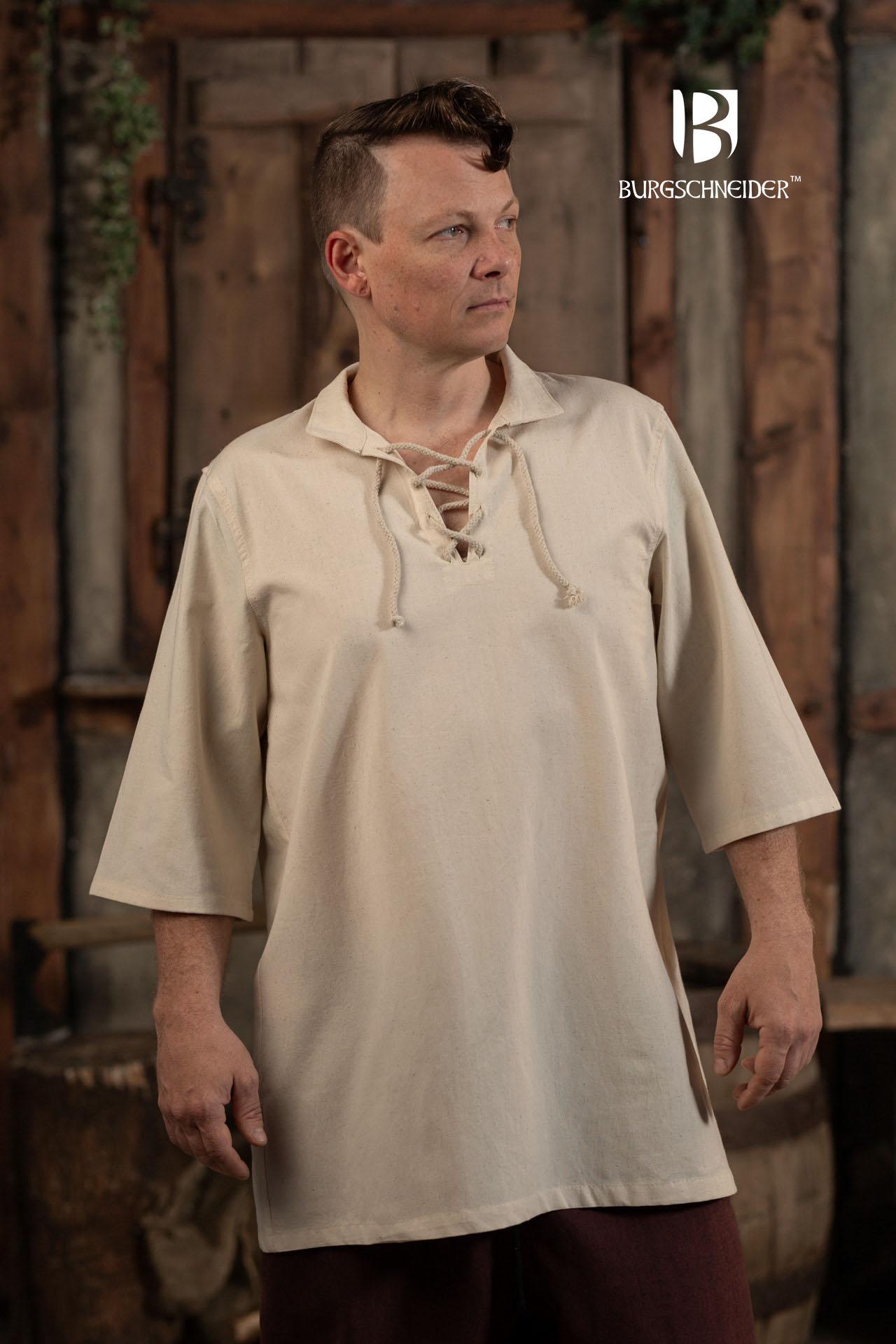 Summer Lace-Up Shirt Aton Natural, featuring a straight cut, stand-up collar, and lacing at the neck, made from 100% cotton.