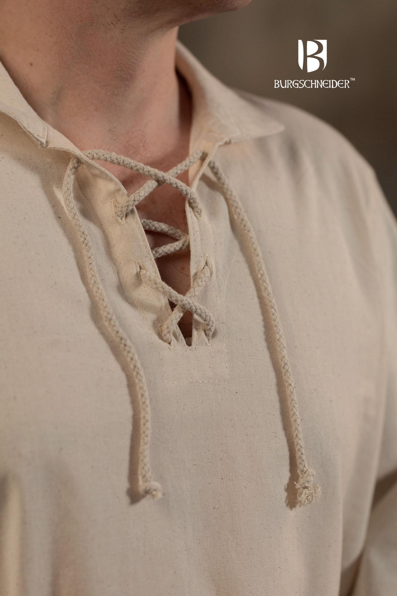 Summer Lace-Up Shirt Aton Natural, featuring a straight cut, stand-up collar, and lacing at the neck, made from 100% cotton.