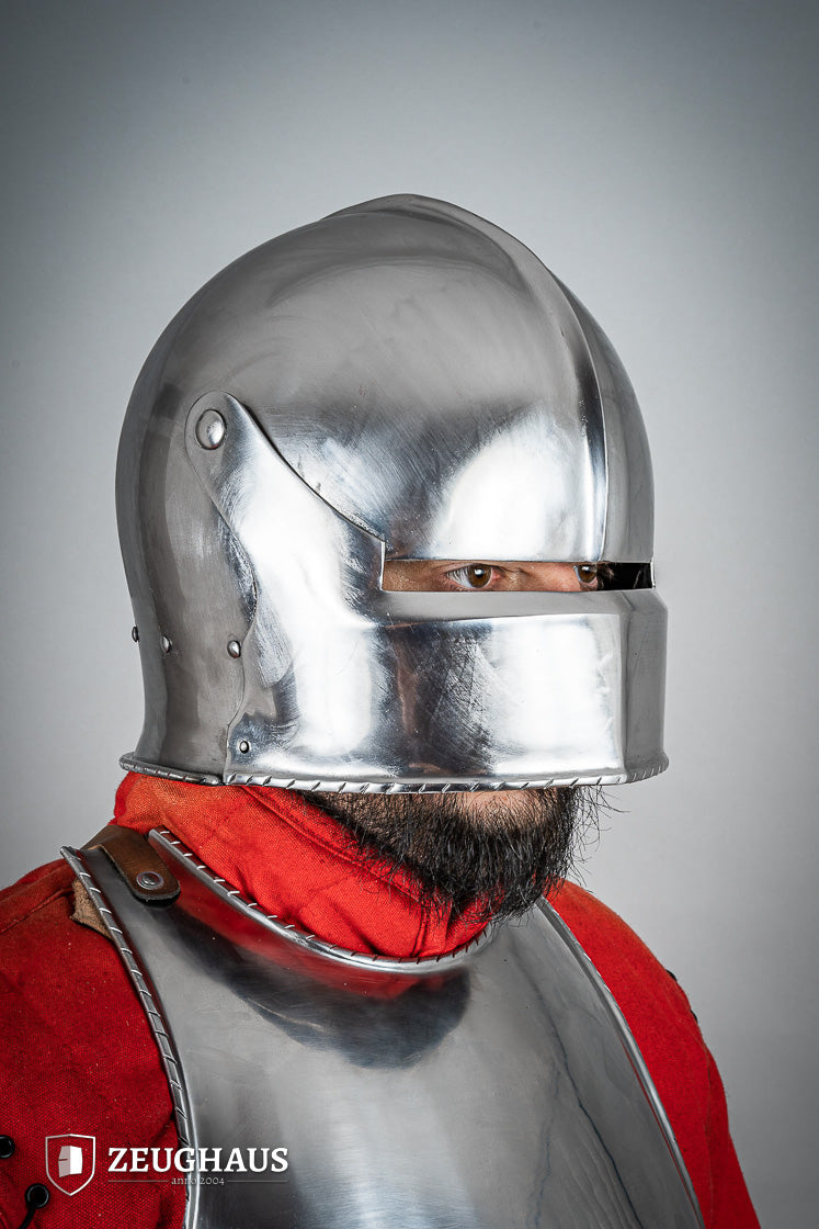 Swiss Sallet Helmet made of polished steel, featuring an adjustable visor and padded interior, ideal for historical reenactments.