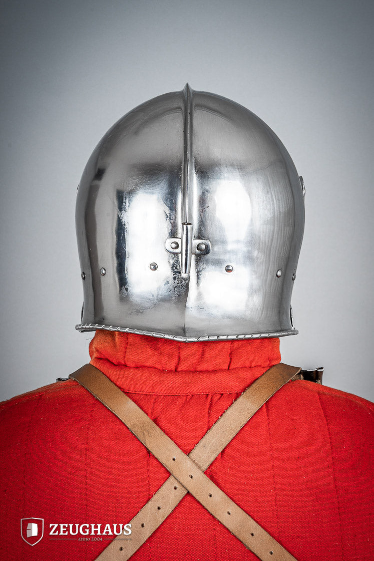 Swiss Sallet Helmet made of polished steel, featuring an adjustable visor and padded interior, ideal for historical reenactments.