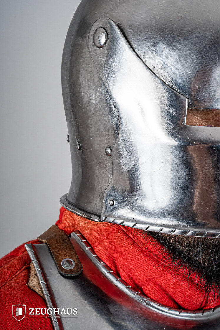 Swiss Sallet Helmet made of polished steel, featuring an adjustable visor and padded interior, ideal for historical reenactments.