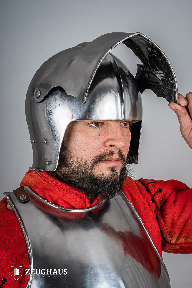 Swiss Sallet Helmet made of polished steel, featuring an adjustable visor and padded interior, ideal for historical reenactments.