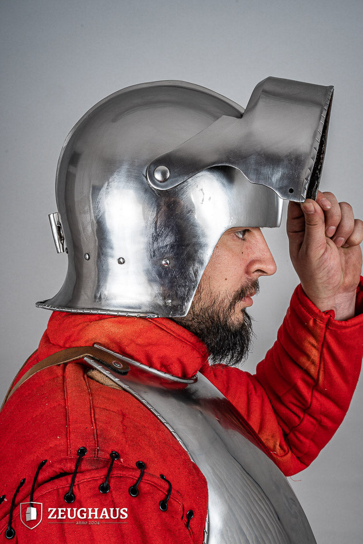 Swiss Sallet Helmet made of polished steel, featuring an adjustable visor and padded interior, ideal for historical reenactments.