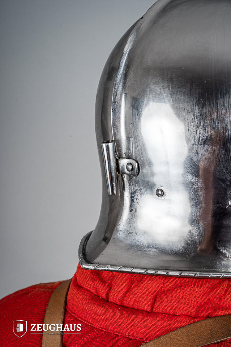 Swiss Sallet Helmet made of polished steel, featuring an adjustable visor and padded interior, ideal for historical reenactments.