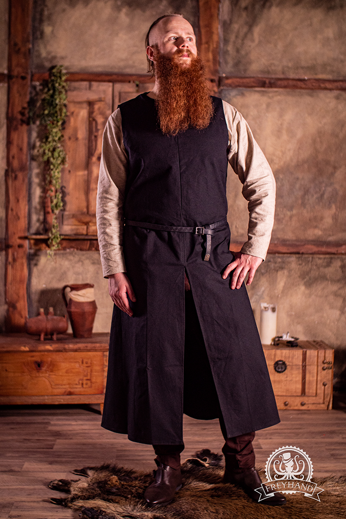 The Robert Black Tabard, a long sleeveless garment made of durable canvas cotton, featuring a front slit for mobility, perfect for medieval events.